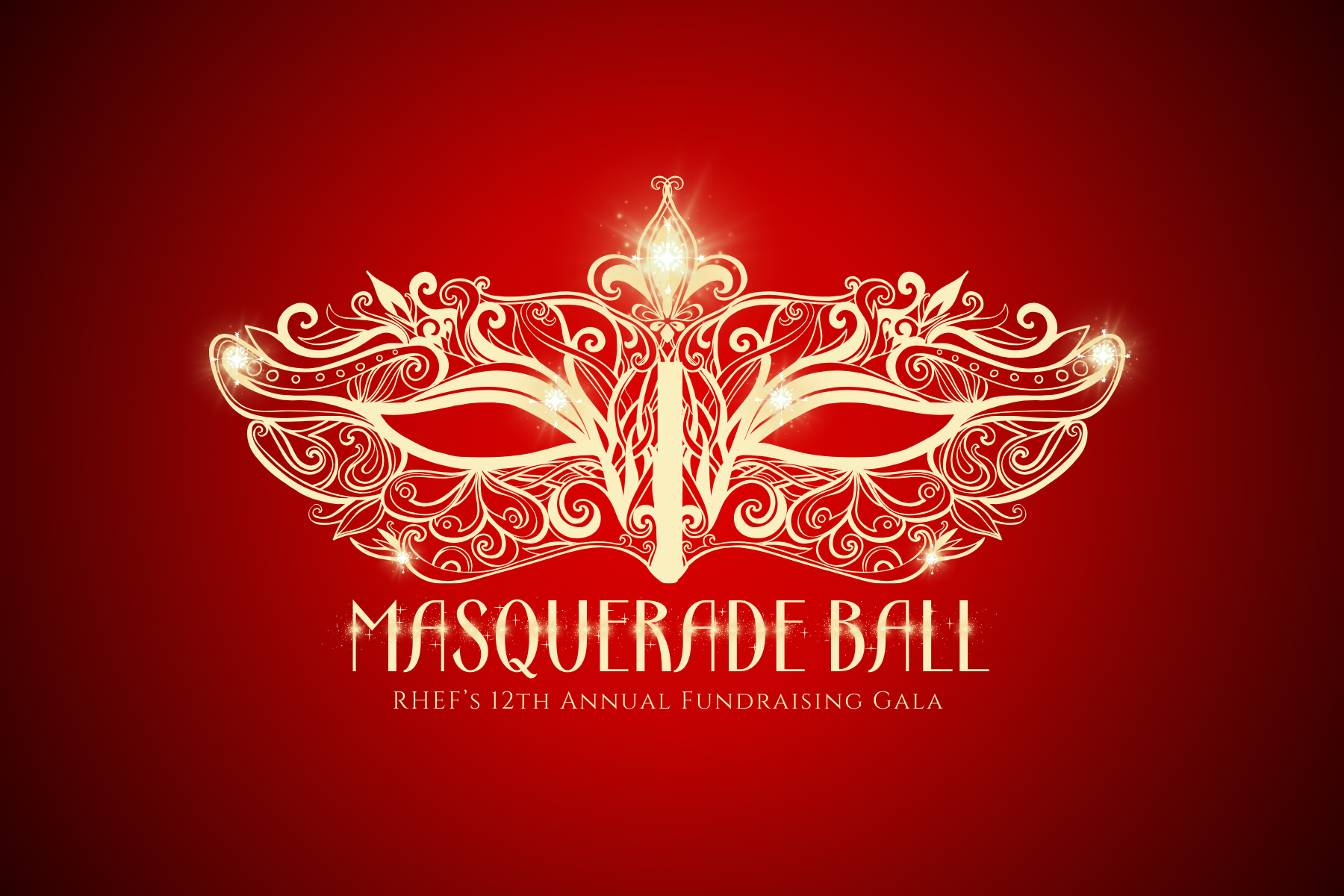 illustration of elegant gold mask on red background with the words "masquerade ball"
